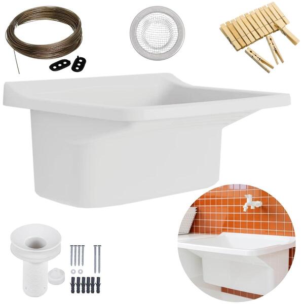 Tanque Lavanderia  22l Branco + Varal Em Aço + Prendedor + Ra