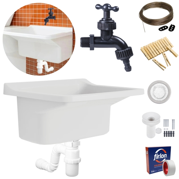 Tanque Lavanderia  34l Branco + Sifão Copo Universal Sanfonad