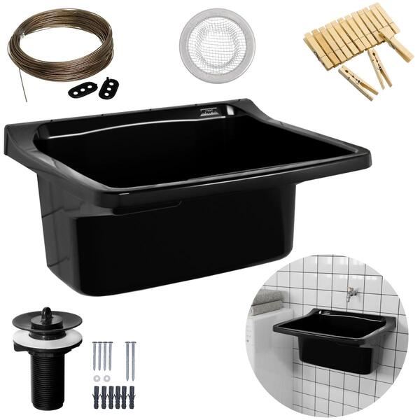 Tanque Lavanderia  34l Preto + Varal Em Aço + Prendedor + Ralo