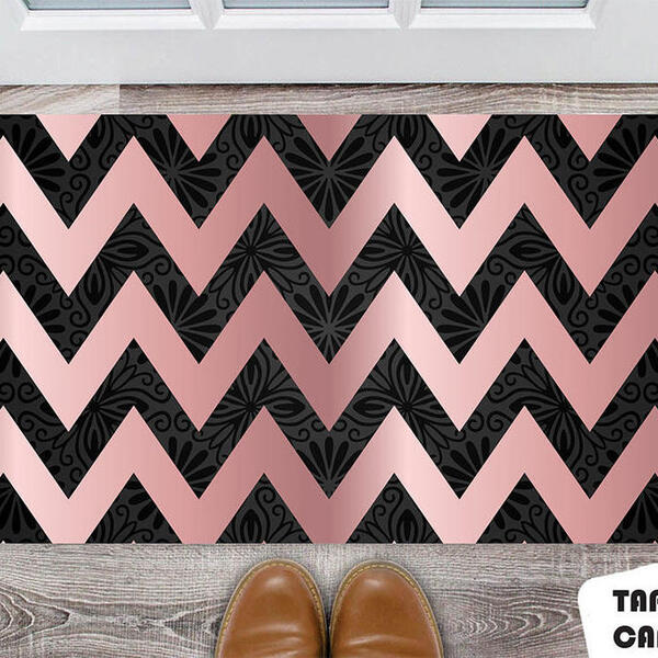 Tapete Capacho Personalizado Floral Com Zig Zag Rosa