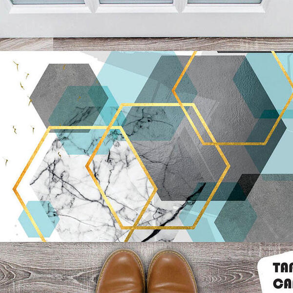 Tapete Capacho Personalizado Hexágonos Com Detalhes Dourados