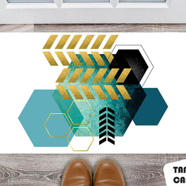 Tapete Capacho Personalizado Hexagonos Com Setas Tons Em Verd