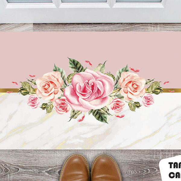 Tapete Capacho Personalizado Ramo Floral Fundo Marmore