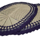 Tapete De Crochê Oval Branco E Azul Artesanal