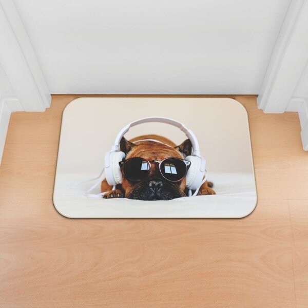 Tapete Decorativo Emborrachado Cachorro De Óculos E Fone - 60