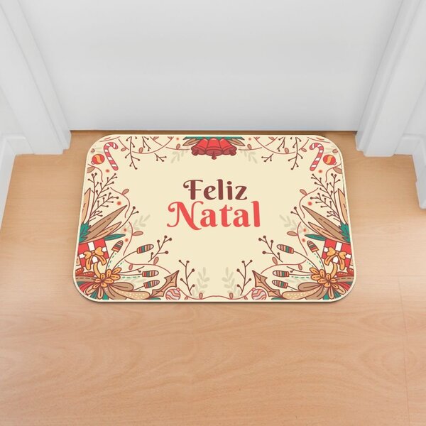 Tapete Decorativo Emborrachado Feliz Natal E Raminhos - 60x40