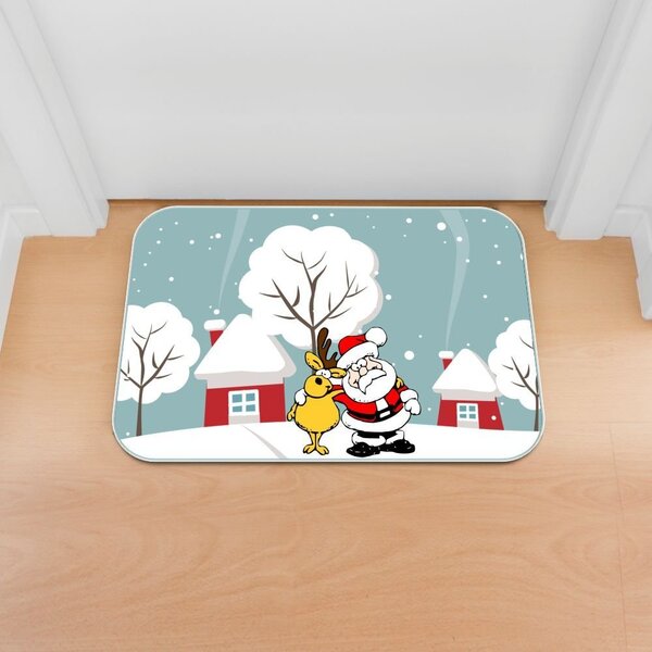 Tapete Decorativo Emborrachado Papai Noel E Alce - 60x40 Cm
