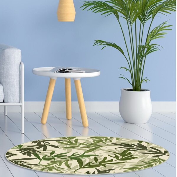 Tapete Emborrachado Oval Folhas Verde - 70x90 Cm