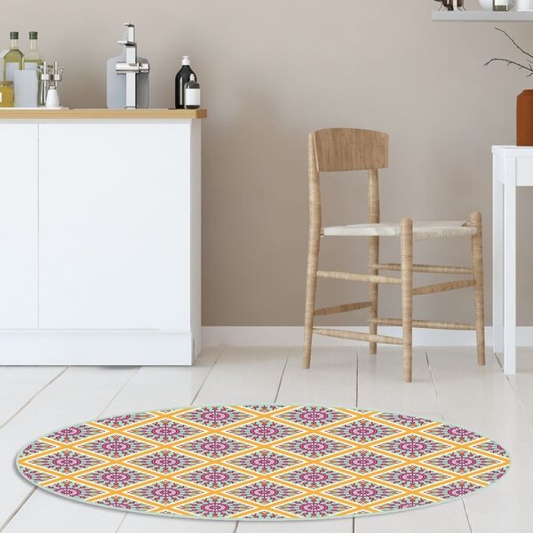 Tapete Emborrachado Oval Geométrico Com Mandalas Rosa - 70x90