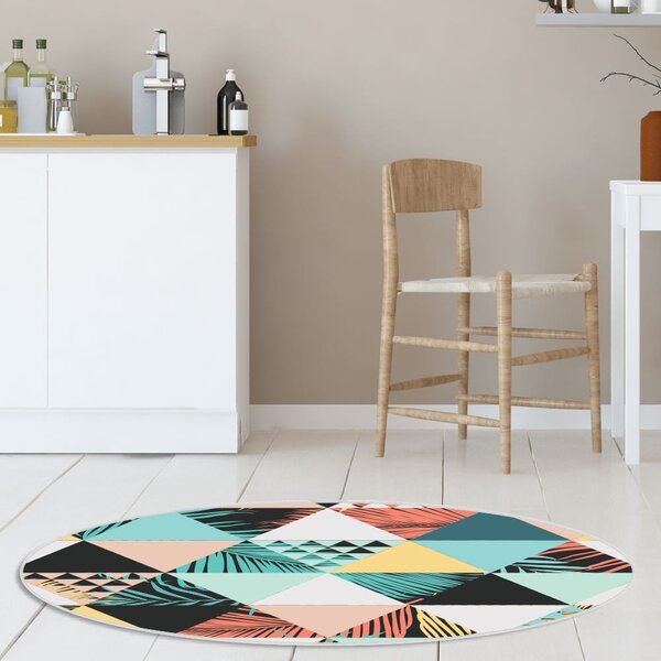 Tapete Emborrachado Oval Triângulos Coloridos E Folhas- 70x90