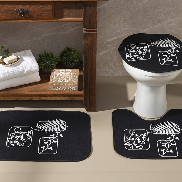 Tapete Jogo De Banheiro Preto Antiderrapante Kit 3 Peças Folh