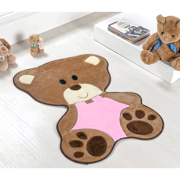 Tapete Menina Ursa Rosa Pelúcia 78cm X 54cm Antiderrapante