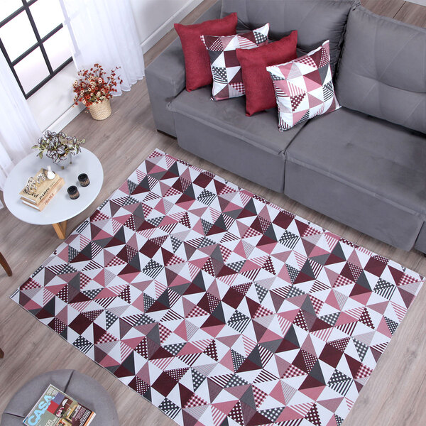 Tapete Para Sala 2,00m X 1,35m Antiderrapante Vinho Geométrico