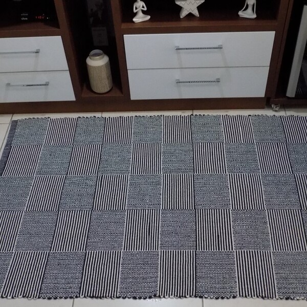 Tapete Para Sala / Quarto Cru E Preto 1.00x1.50 Xadrez