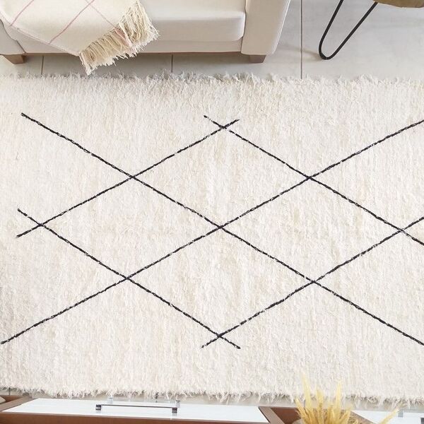 Tapete Para Sala Cru E Preto Bordado Geométrico 1.00x1.50