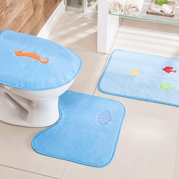 Tapetes De Pelúcia Banheiro 3 Peças Azul Turquesa