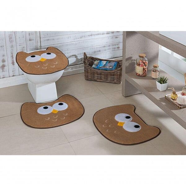 Tapetes Pelúcia Banheiro Bordado Coruja 3 Peças Bege