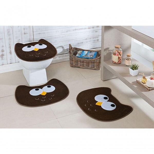 Tapetes Pelúcia Banheiro Bordado Coruja 3 Peças Tabaco