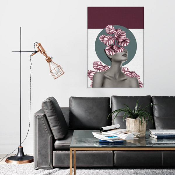 Tela Decorativa Mulher Floral Com Plantas Roxas