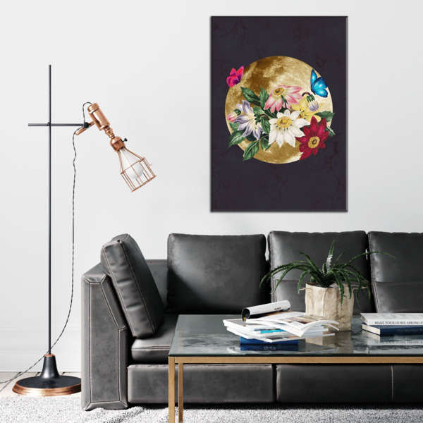 Tela Decorativa Mulher Floral Gold Moon And Flowers