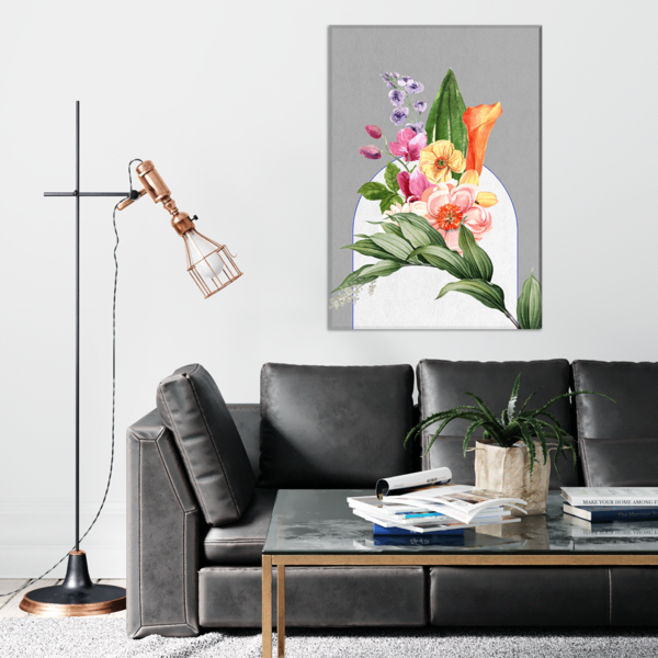 Tela Decorativa Mulher Floral Plantas E Flores Cinza