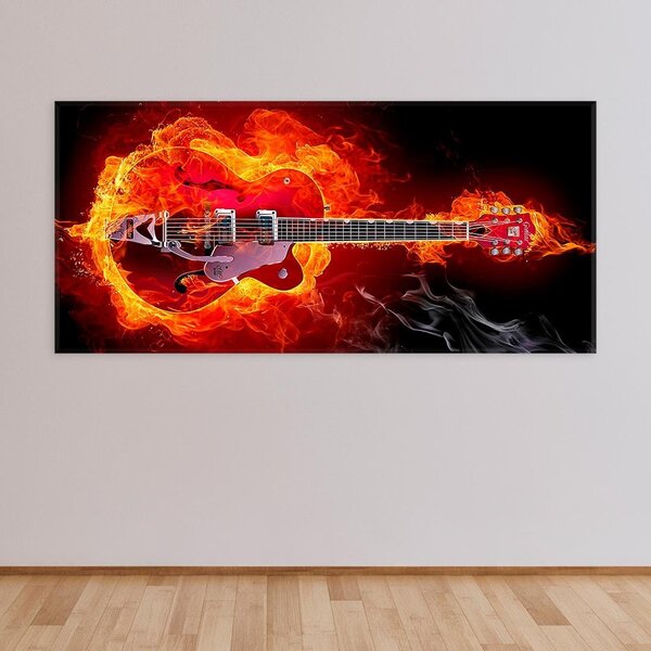 Tela Decorativa Slim Guitarra Em Chamas