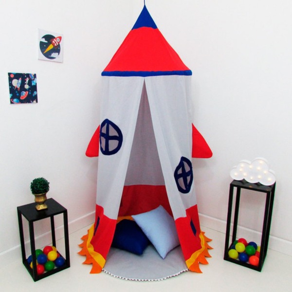 Tenda Cabaninha Cinza Infantil Foguete 4 Peças Com Almofadas