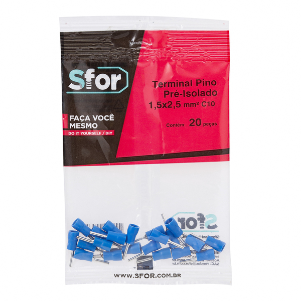 Terminal Pino Pré-Isolado Azul 1,5x2,5mm² C10 20Pçs Sforplast