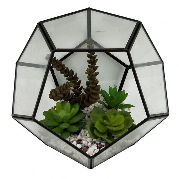 Terráreo De Vidro E Metal Preto E Flores Decorativas