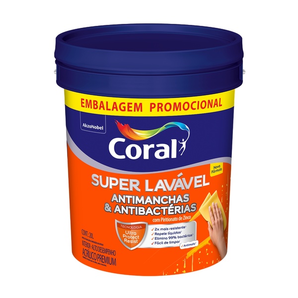 Tinta Acrílica Anti Bactéria e Mofo Semi Acetinada Super Lavável Premium Ambientes Internos Branca 20L Coral