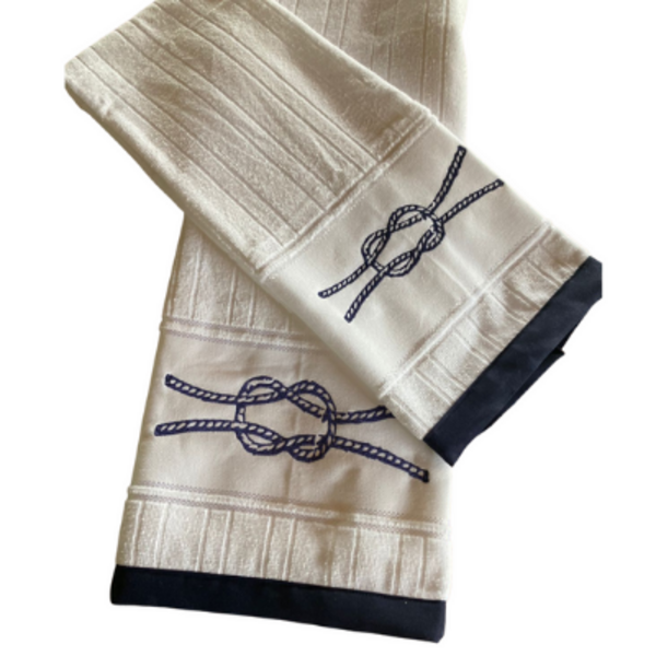 Toalha Bordada De Rosto Com Barra Azul Marinho