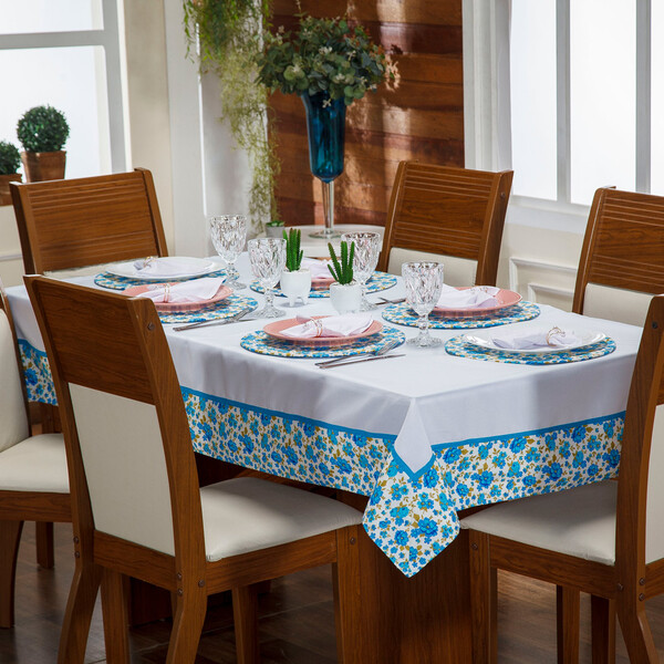 Toalha De Mesa Avulsa Luna Floral Azul P/ 06 Lugares - Tecido
