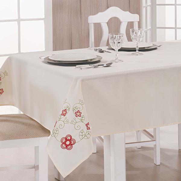 Toalha De Mesa Dália Palha / Vermelho Retangular 2,20m X 1,40m