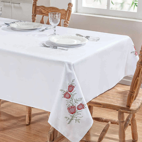 Toalha De Mesa Primavera Branco / Vermelho Retangular 2,20m X