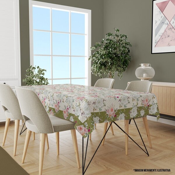 Toalha De Mesa Retangular 10-12 Lugares Rosas Premium 1.45m X