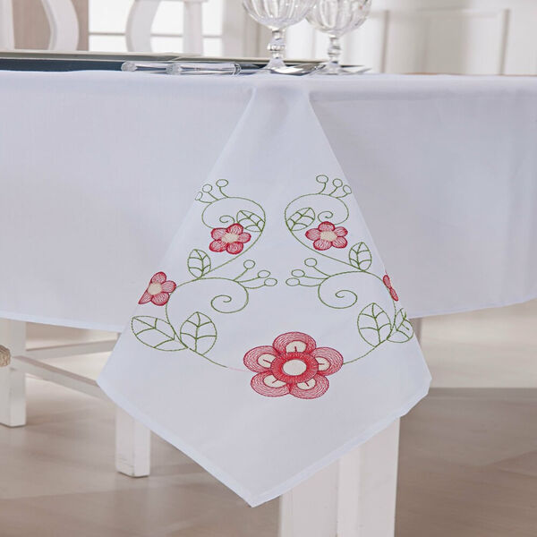 Toalha De Mesa Retangular 8 Lugares Dália Branco E Vermelho G