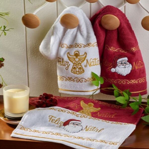 Toalha Lavabo Bordada Natalina Papai Noel Vermelho 32 X 45cm