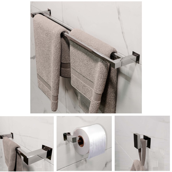 Toalheiro Duplo Inox 304 + Kit Acessórios Banheiro Vinci