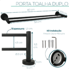 Toalheiro Preto Fosco Porta Toalha De Banho Barra Dupla 60cm