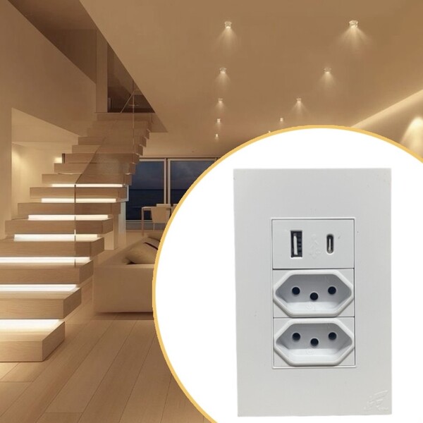 Tomada Dupla 4x2 De Parede Tipo C Bivolt Com Espelho