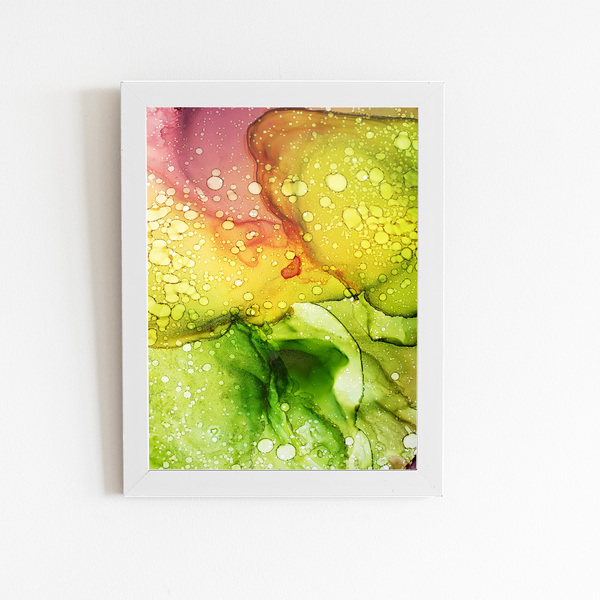 Tons De Verde E Rosa Abstrato Quadro Moldura Branca 60x40cm