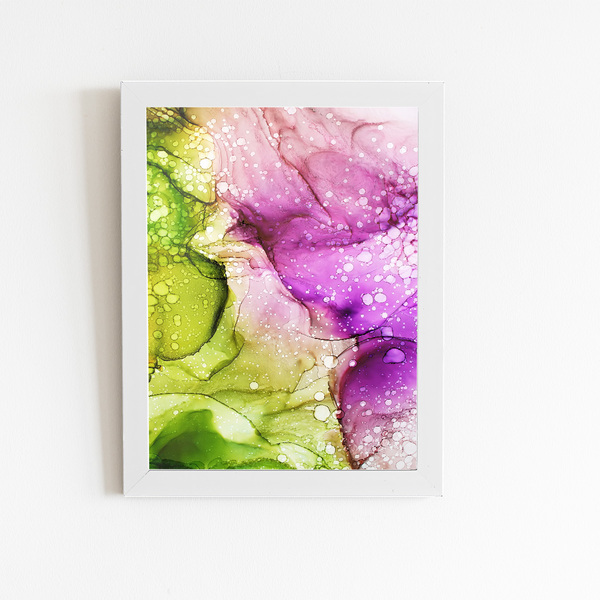 Tons De Verde E Roxo Abstrato Quadro Moldura Branca 60x40cm