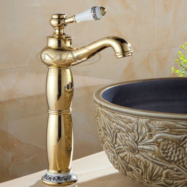 Torneira Alta Luxo Vintage Provençal Dourado C/ Porcelana 701