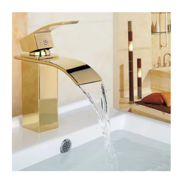 Torneira Cascata Banheiro Misturador Quadrada Dourada Áureo
