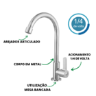 Torneira Cozinha Bancada Bica Movel Metal Cromado 1/4 de volt
