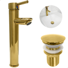 Torneira Dourada Bica Alta Para Pia Banheiro E Valvula Click