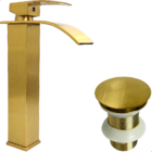 Torneira Dourada Escovada Bica Alta Cascata E Valvula Click 1