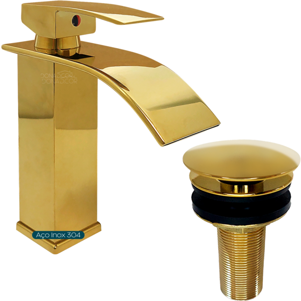Torneira Dourada Pia Banheiro Bica Baixa Cascata E Valvula Cl