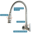 Torneira Gourmet Flexível de Metal para Parede na Cor Cromado