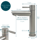 Torneira Inox Escovado Pia Banheiro Bica Baixa Água Fria 1/4